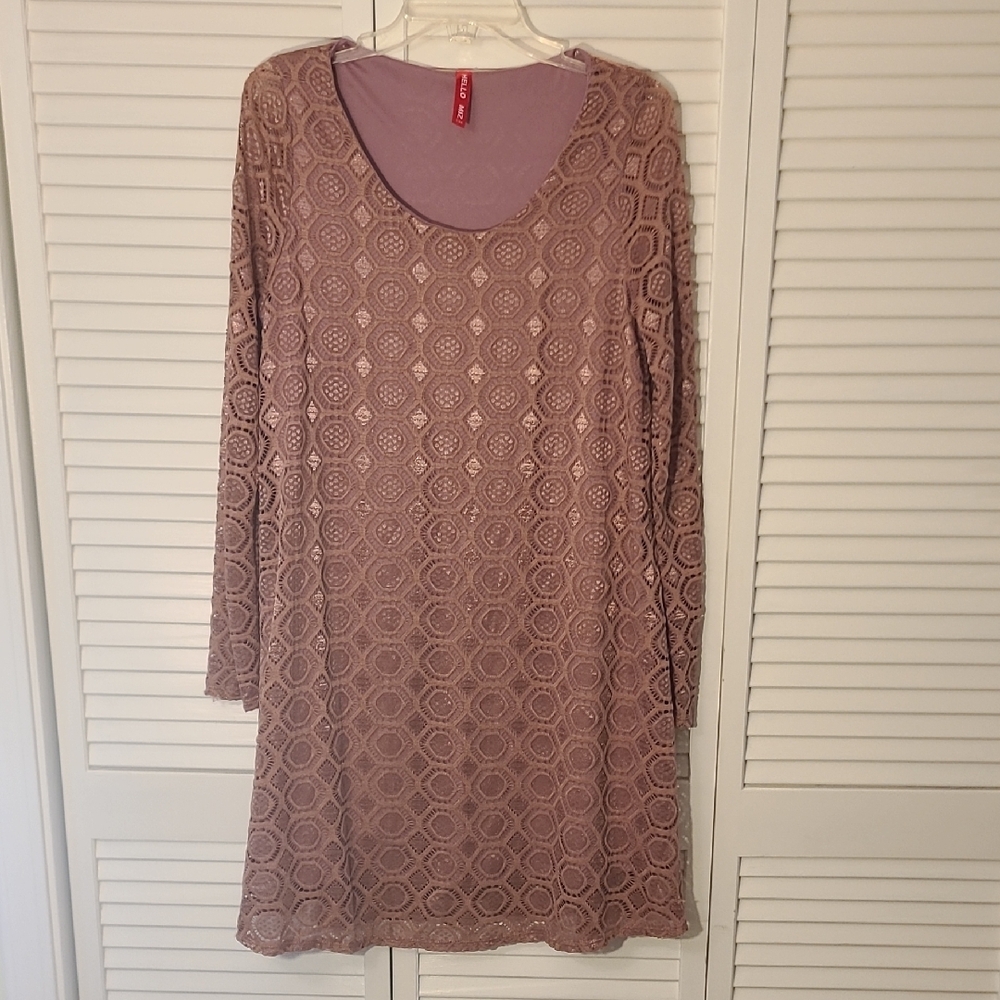Hello MIZ Pink Sheath Dress Long Sleeve Scoop Neck